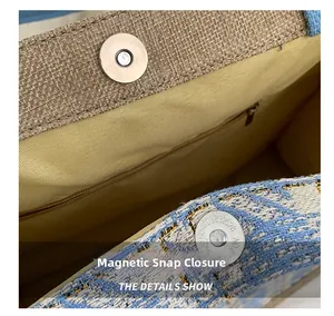 Detail of metal magnetic closure and durable woven texture on a large tote bag
