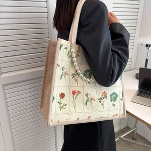 Floral print large capacity tote bag with pearl chain detail and woven straps