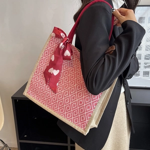 Vintage Geometric Rhombus Woven Tote Bag For Women Large Capacity Canvas Handbag With Heart Scarf Daily Commuter Shoulder Bag