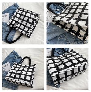 Detailed views of a black and white grid canvas tote bag with woven rope handles