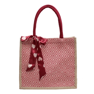 Linen tote bag with red geometric pattern and silk scarf handle for women's daily commute
