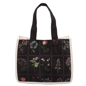 Minimalist black canvas tote bag featuring floral illustrations and grid patterns