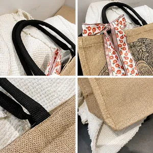 Détail du sac cabas en jute bohème avec motif mandala et foulard en soie