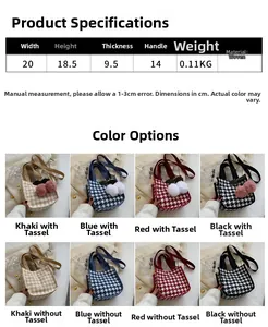 Tableau des tailles et coloris pour sac à main en toile pied-de-poule avec détails techniques