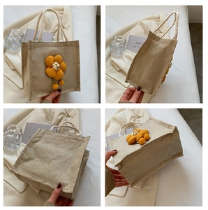 Linen lunch tote bag with 3D yellow plush flower and thick cotton rope handles detail