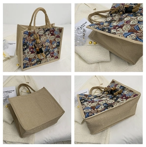 Detailed four-grid view showing jute tote bag with cartoon bear pattern and bunny charm
