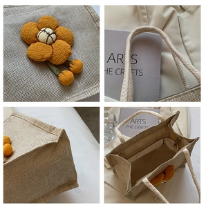 Detailed views of linen tote bag with yellow 3D flower and woven handles