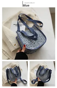 Detail of blue floral canvas crossbody bag featuring adjustable straps and top handle