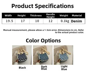 Vue détaillée du sac seau en denim à carreaux avec dimensions et options de couleurs