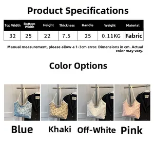 Size chart showing large capacity canvas tote dimensions and multiple color options