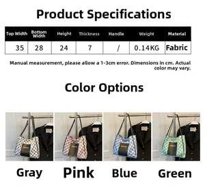 Size chart showing dimensions and weight for the checkered fabric tote bag