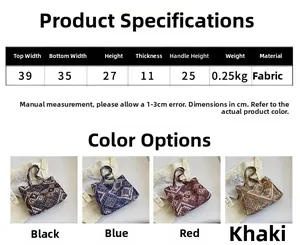 Detailed size chart and four color options for the ethnic pattern canvas tote bag