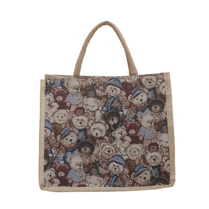 Large capacity linen tote bag with vintage teddy bear jacquard pattern and jute handles