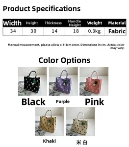 Collage of canvas tote bags in five colors with size chart and green pepper charm
