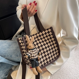 Japanese style brown houndstooth canvas tote bag with a cute rabbit pendant accessory