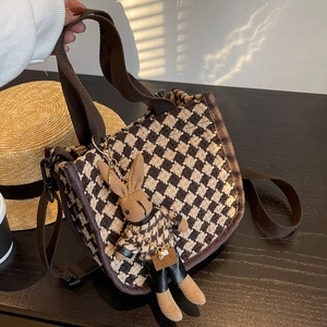 Vintage houndstooth canvas handbag for women with a cute bunny doll accessory
