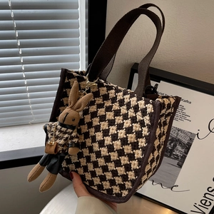 Japanese style houndstooth canvas handbag with a cute plush rabbit pendant and sturdy strap