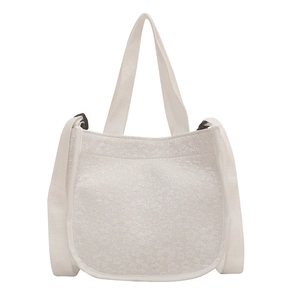 Minimalist white floral lace canvas crossbody bag with adjustable strap and top handles
