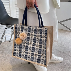 Retro woven large capacity tote bag with blue plaid pattern and fluffy pompom charms