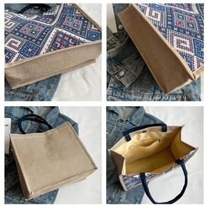 Detailed views of ethnic geometric tote bag showing stitching and large interior capacity