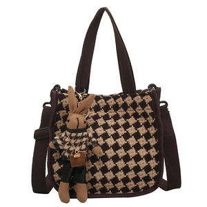 Brown houndstooth canvas handbag with adjustable strap and cute rabbit pendant charm