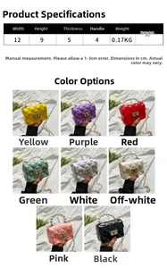 Detailed size chart and multi-color grid showing quilted mini jelly bags with pearl handle