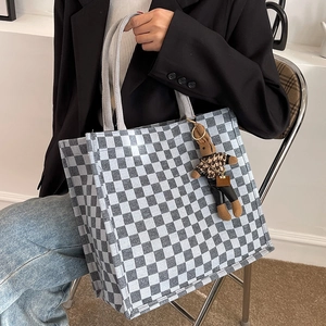 Large checkerboard canvas tote bag with a cute rabbit pendant for women's daily commute