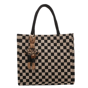 Large capacity black and white checkerboard canvas tote bag with a cute rabbit pendant