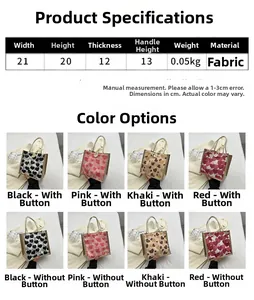 Size specifications and multi-color options for heart-patterned canvas lunch bags