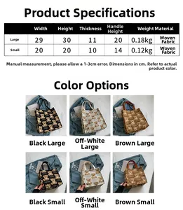 Size chart showing large and small canvas tote bag dimensions with weight and material specs
