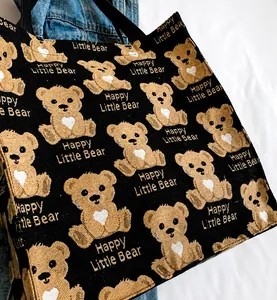 Detail of canvas tote bag showing thick fabric texture and happy little bear print