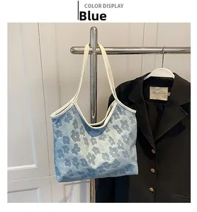 Detail of blue floral jacquard canvas tote bag featuring textured pattern and white handles