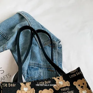 Detail showing comfortable wide black shoulder straps of the Happy Little Bear tote bag