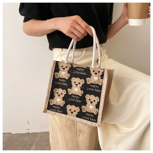 Borsa termica in iuta con graziosi orsetti cartoni animati e manici in corda di canapa