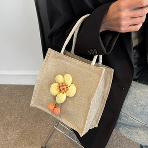 Cute linen lunch tote bag with 3D yellow flower and white rope handles for women