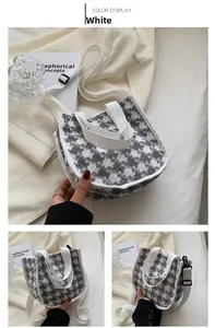 Détails du sac cabas en toile pied-de-poule avec bandoulière et coutures précises