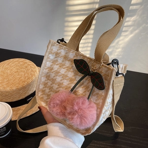 Sac Bandoulière en Toile Pied-de-poule Style Japonais pour Femmes Mignon Cerise Pompon Petit Sac à Main Décontracté Étudiant