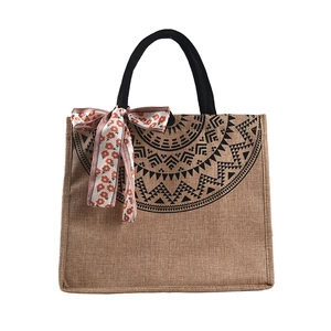 Sac fourre-tout en lin rétro avec motif mandala noir et ruban de soie orange floral