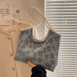 Sweet Floral Print Canvas Tote Bag Large Capacity Jacquard Shoulder Bag For Women Fresh Style Shopping Handbag Underarm Bag