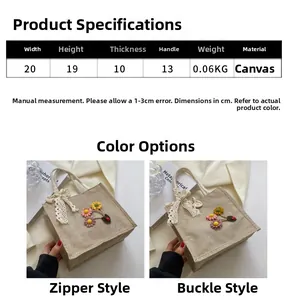 Detailed size specifications of canvas handbag with lace bow and crochet floral details