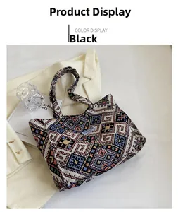 Detail view of ethnic geometric pattern weaving on black tote bag with fashion label