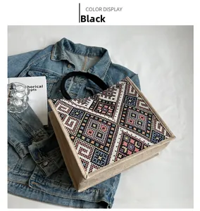 Close-up of geometric ethnic pattern weaving on a large black fashion tote bag