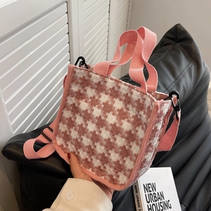 Sac Bandoulière en Toile Pied-de-poule pour Femme Mode Mini Sac Seau Avec Bandoulière Réglable Rose Blanc Noir