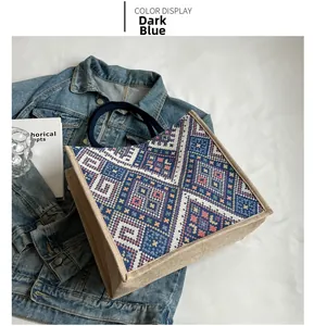 Detail of navy blue geometric patterned tote bag with ethnic weaving and rustic linen texture
