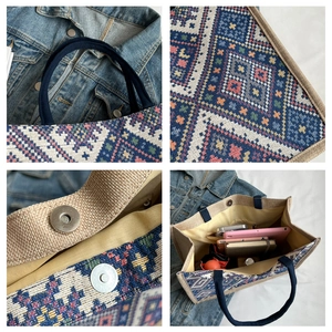 Detail view of ethnic knit tote bag showing spacious interior and magnetic closure
