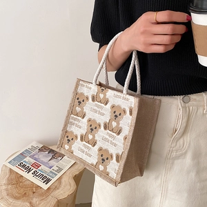Borsa Tote in Cotone e Lino con Stampa Orso Cartone Animato per Donna Borsa a Mano Bento Estiva con Manico in Corda Casual