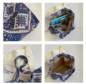 Detailed interior of ethnic woven tote bag showing large capacity for essentials