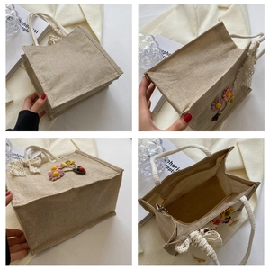 Macro views of beige jute tote bag featuring floral appliques and lace ribbon detail