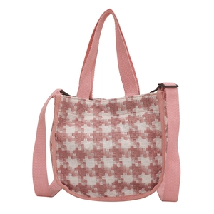 Sac à bandoulière en toile à motif pied-de-poule rose et blanc avec poignées