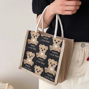 Borsa tote in juta con orso cartone animato e manici in corda di cotone per donna